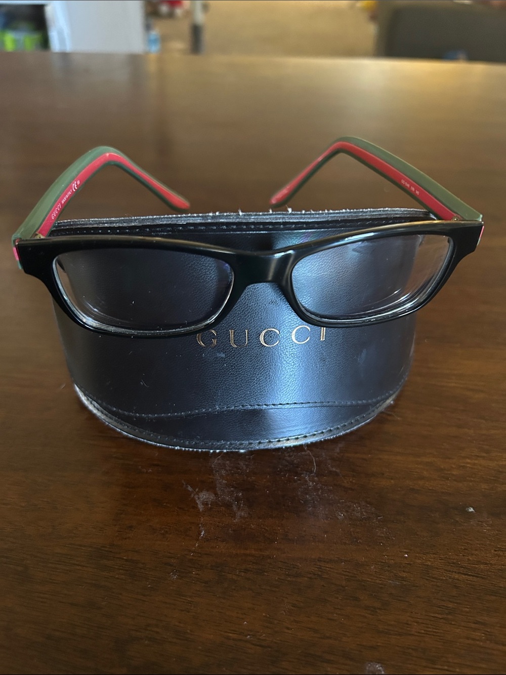Gucci Black Glasses with Green and Red Temple Details